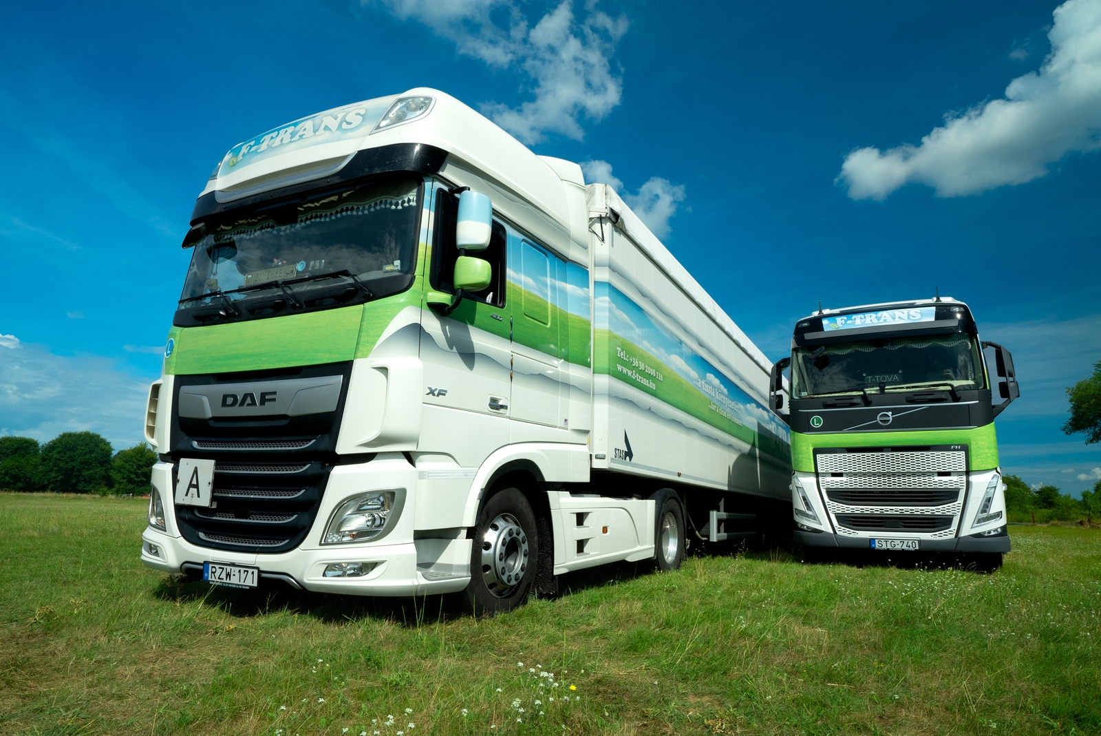 F-TRANS DAF és Volvo kamion egy zöld mezőn